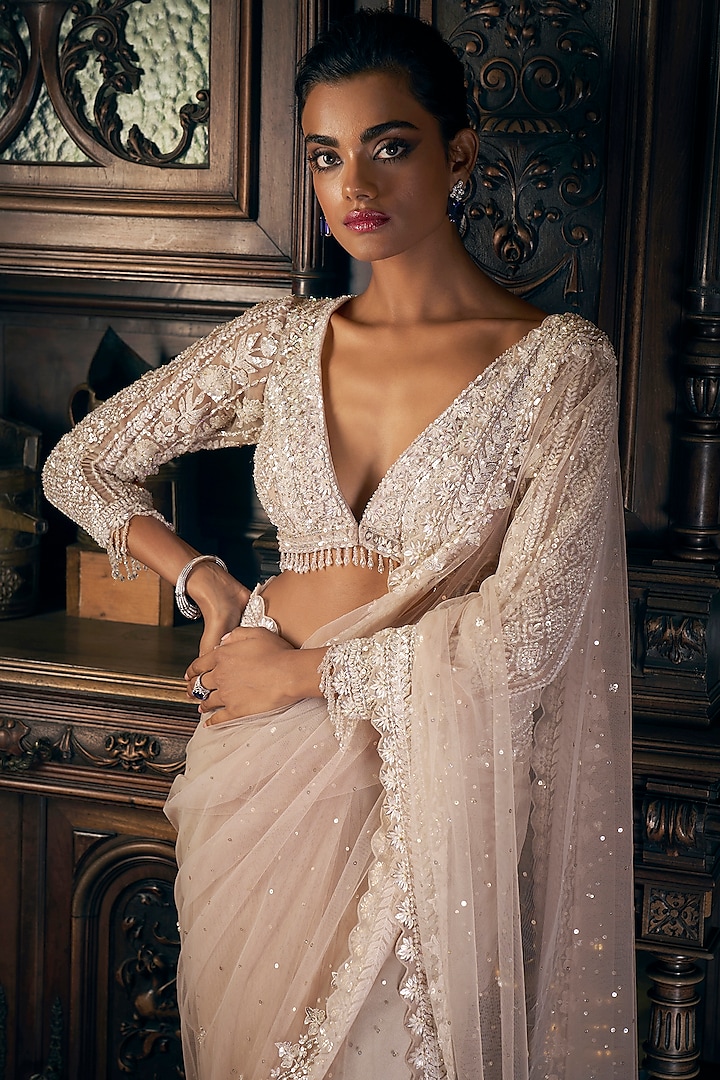 Nude Net Sequins & Crystal Embroidered Reception Saree Set by Seema Gujral at Pernia's Pop Up Shop