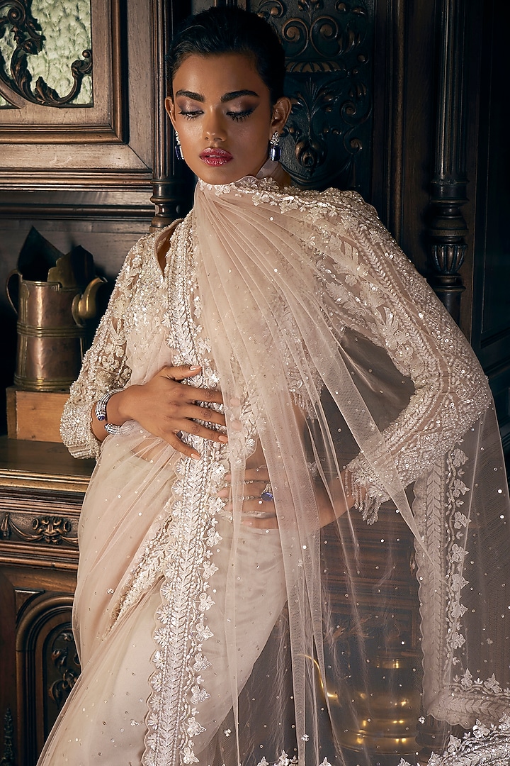 Nude Net Sequins & Crystal Embroidered Reception Saree Set by Seema Gujral at Pernia's Pop Up Shop