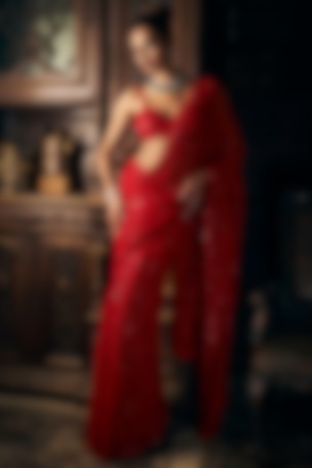 Red Net Sequins Embroidered Saree Set by Seema Gujral at Pernia's Pop Up Shop