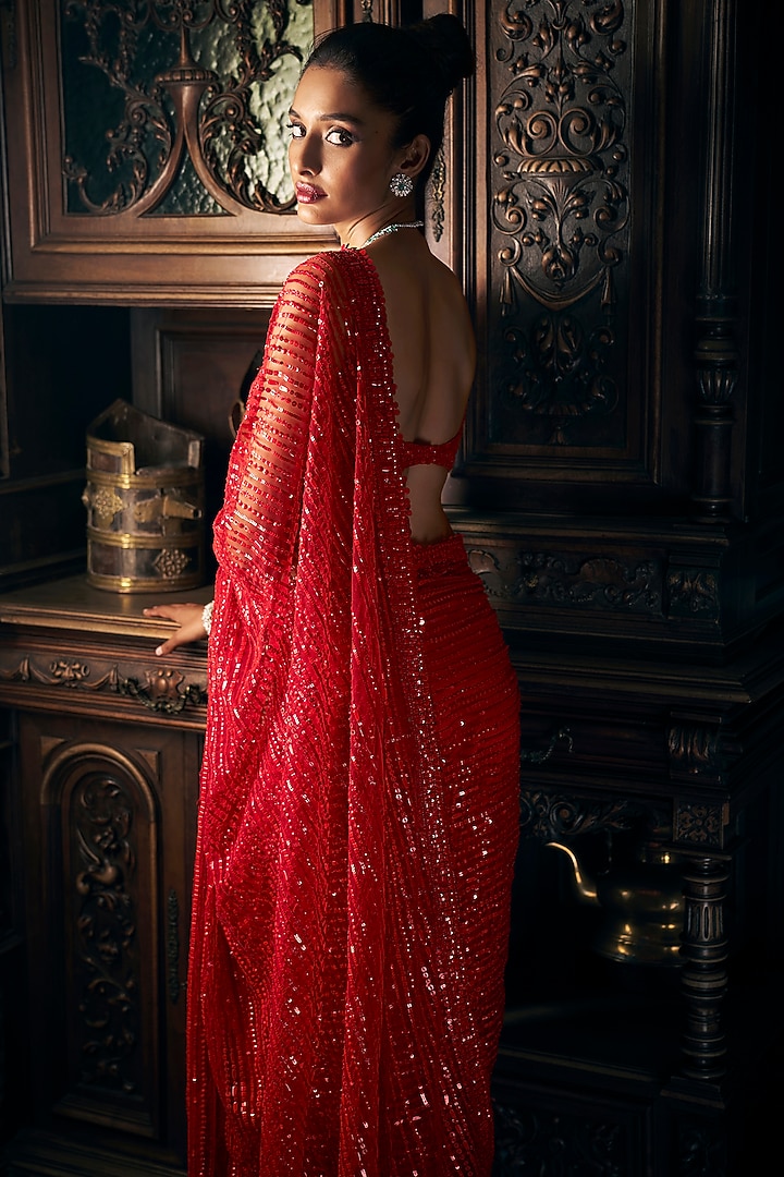 Red Net Sequins Embroidered Reception Saree Set by Seema Gujral at Pernia's Pop Up Shop