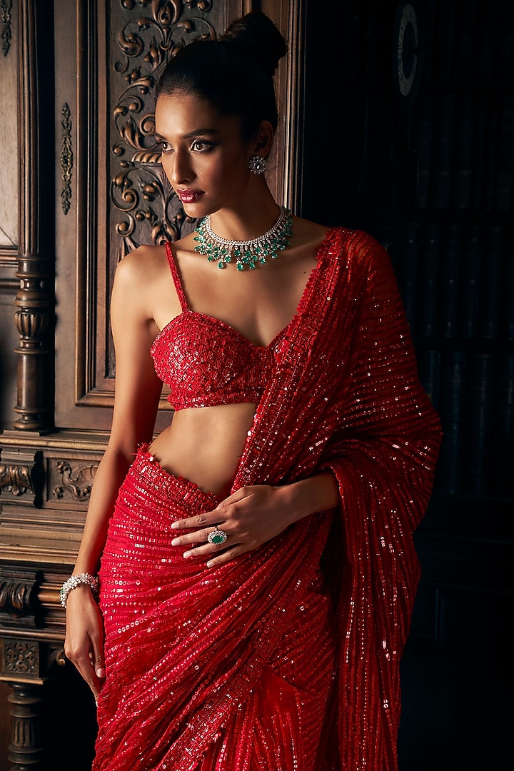 Red Net Sequins Embroidered Saree Set by Seema Gujral at Pernia's