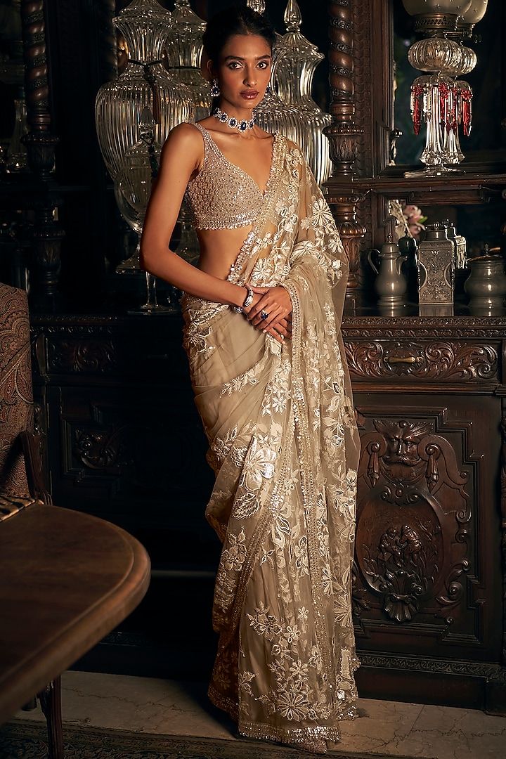 Nude Net Sequins Embroidered Saree Set by Seema Gujral