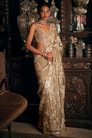 Nude Net Sequins Embroidered Saree Set by Seema Gujral