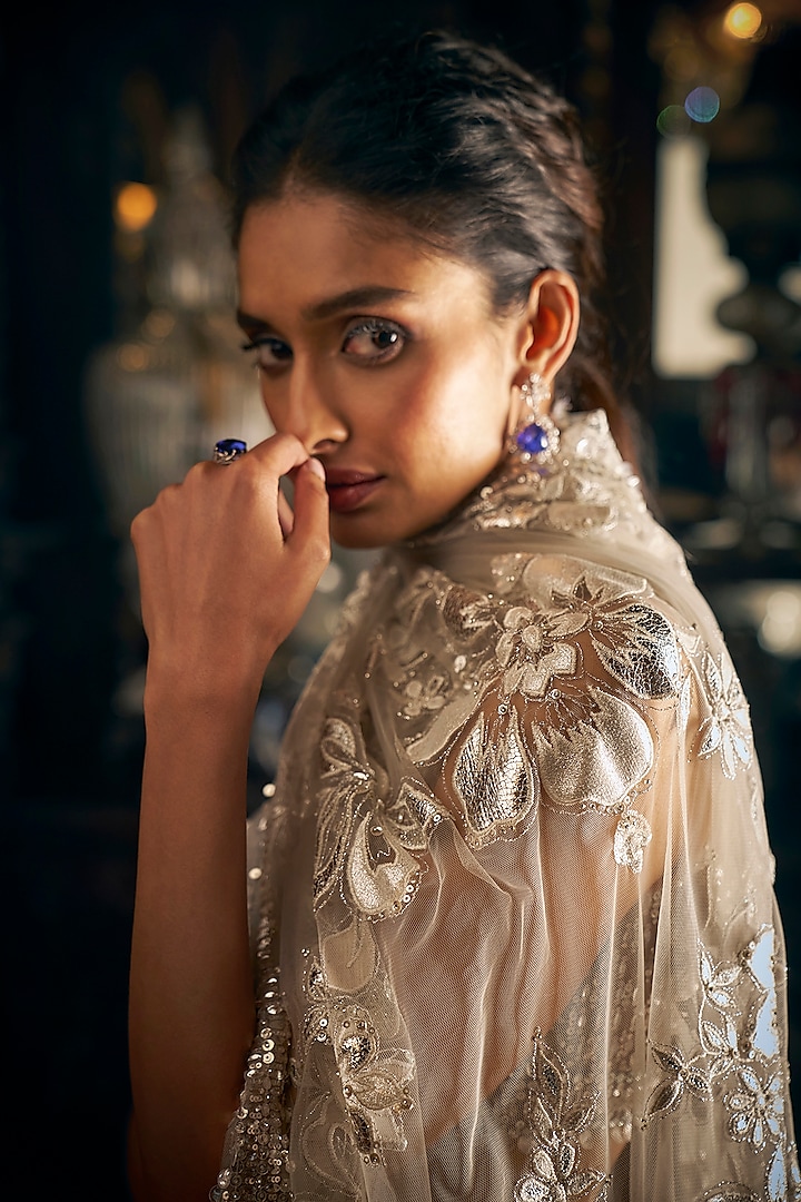 Nude Net Sequins Embroidered Reception Saree Set by Seema Gujral at Pernia's Pop Up Shop