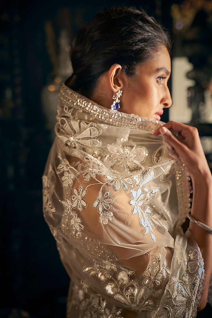 Nude Net Sequins Embroidered Reception Saree Set by Seema Gujral at Pernia's Pop Up Shop