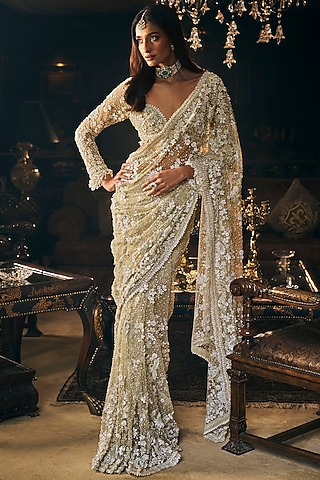 Sage Green Net Three Dimensional Embroidered Saree Set by Seema Gujral