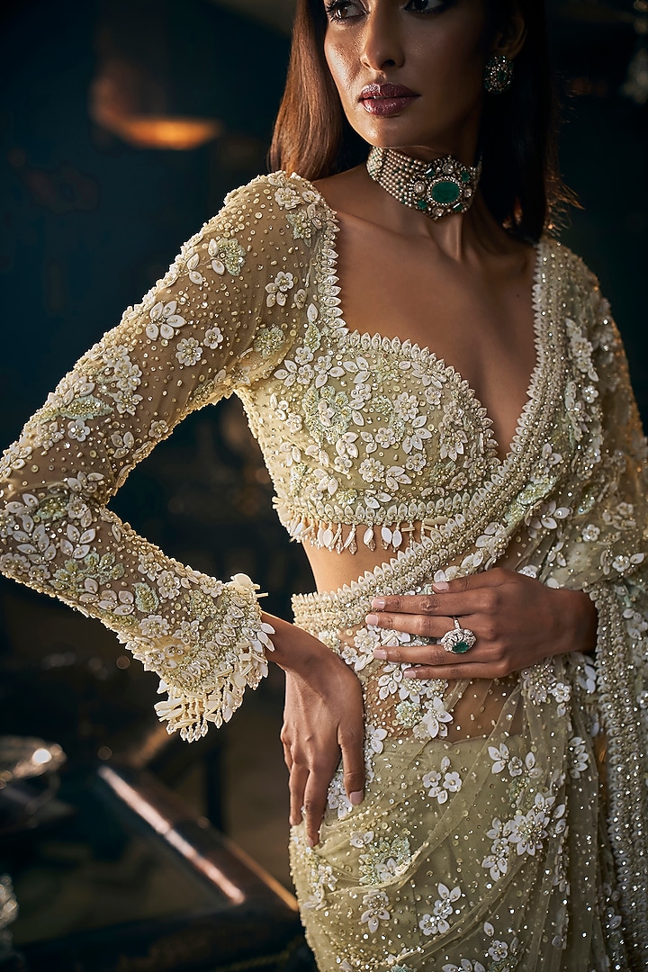 Sage Green Net Three Dimensional Embroidered Reception Saree Set by Seema Gujral at Pernia's Pop Up Shop