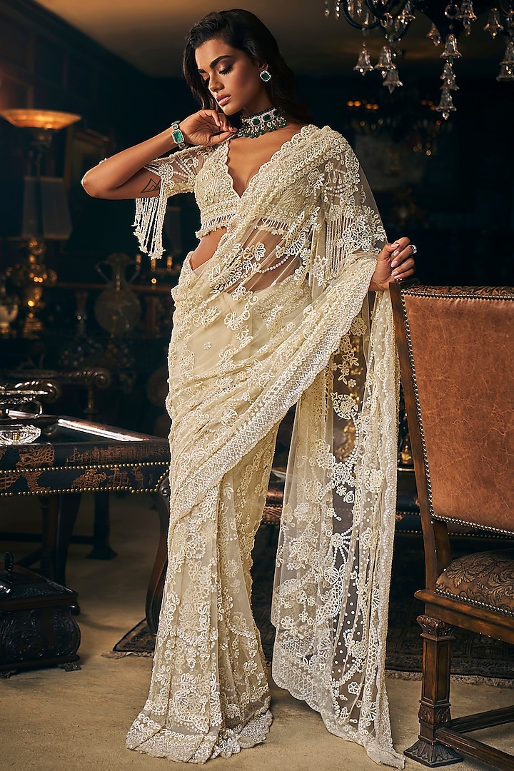 Ivory Tulle Sequins Embroidered Reception Saree Set by Seema Gujral at Pernia's Pop Up Shop