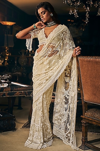 Ivory Tulle Sequins Embroidered Saree Set by Seema Gujral
