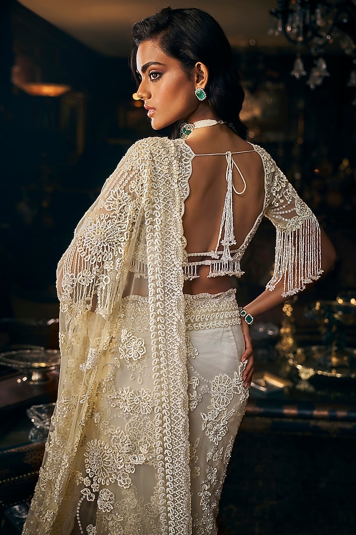 Ivory Tulle Sequins Embroidered Reception Saree Set by Seema Gujral at Pernia's Pop Up Shop