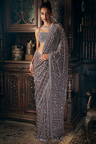 Grey Georgette Crystal Embroidered Saree Set by Seema Gujral