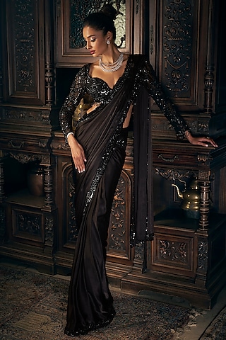 Black Chiffon Pre-Draped Saree Set by Seema Gujral