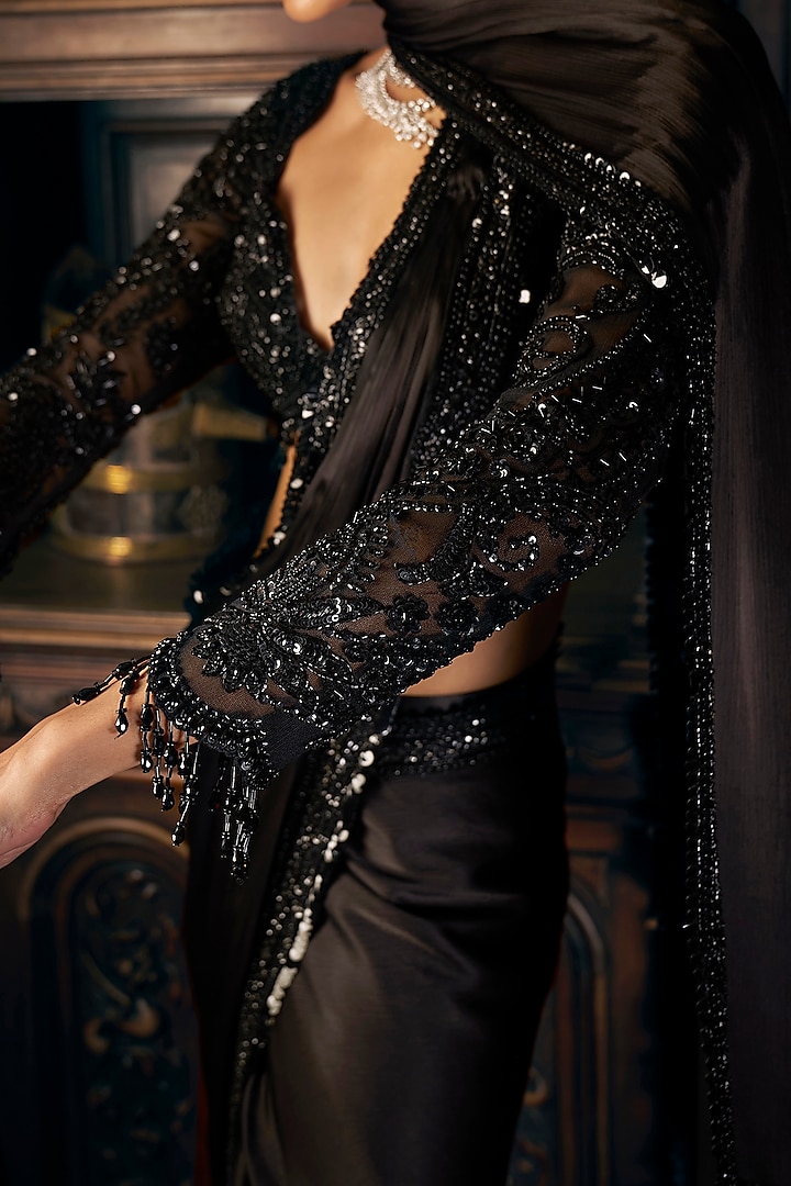 Black Chiffon Pre-Draped Reception Saree Set by Seema Gujral at Pernia's Pop Up Shop