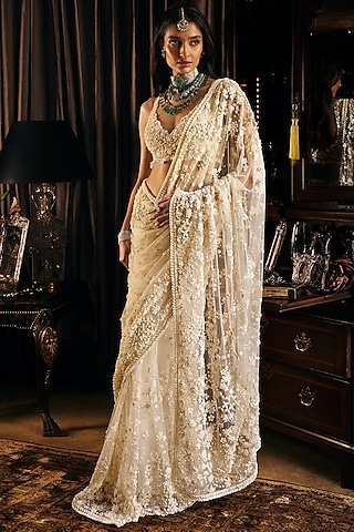 Ivory Net Three Dimensional Embroidered Saree Set by Seema Gujral