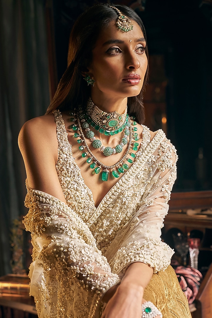 Ivory Net Three Dimensional Embroidered Reception Saree Set by Seema Gujral at Pernia's Pop Up Shop