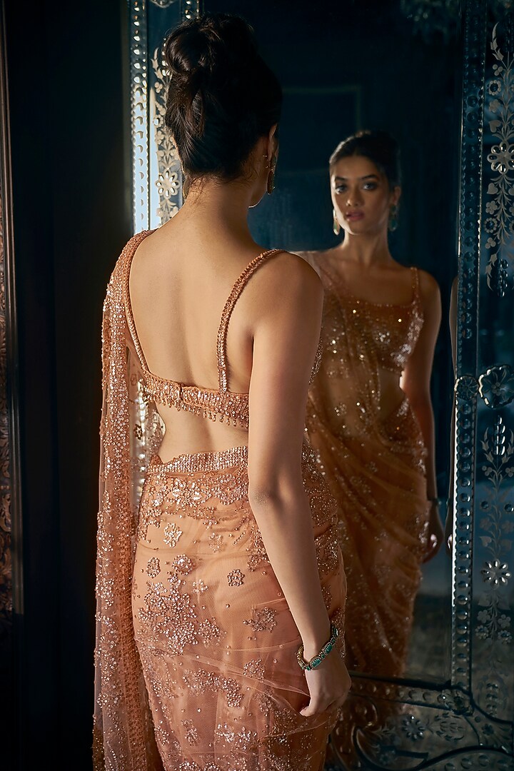 Copper Tulle Sequins & Crystal Embroidered Reception Saree Set by Seema Gujral at Pernia's Pop Up Shop