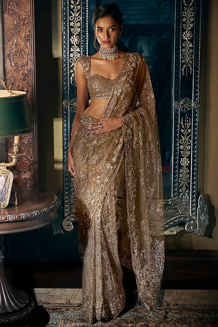 Antique Gold Net Sequins & Bead Embroidered Saree Set by Seema Gujral