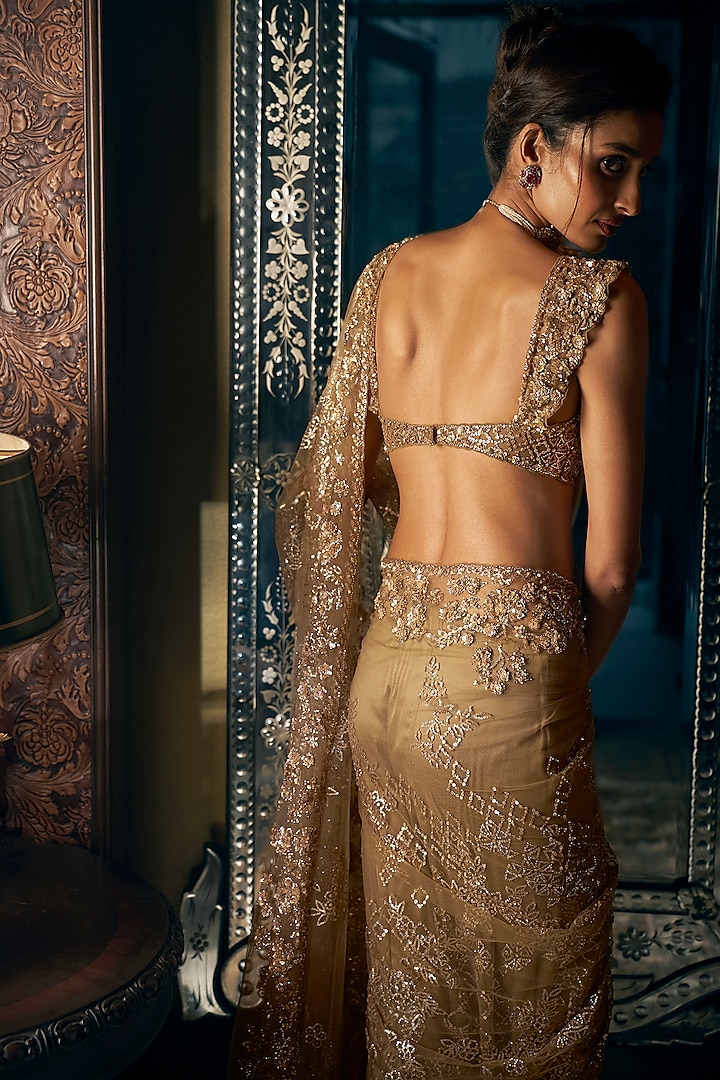 Antique Gold Net Sequins & Bead Embroidered Reception Saree Set by Seema Gujral at Pernia's Pop Up Shop