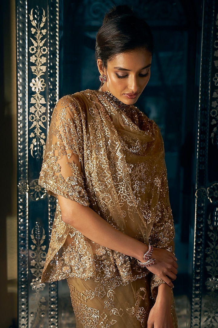 Antique Gold Net Sequins & Bead Embroidered Reception Saree Set by Seema Gujral at Pernia's Pop Up Shop