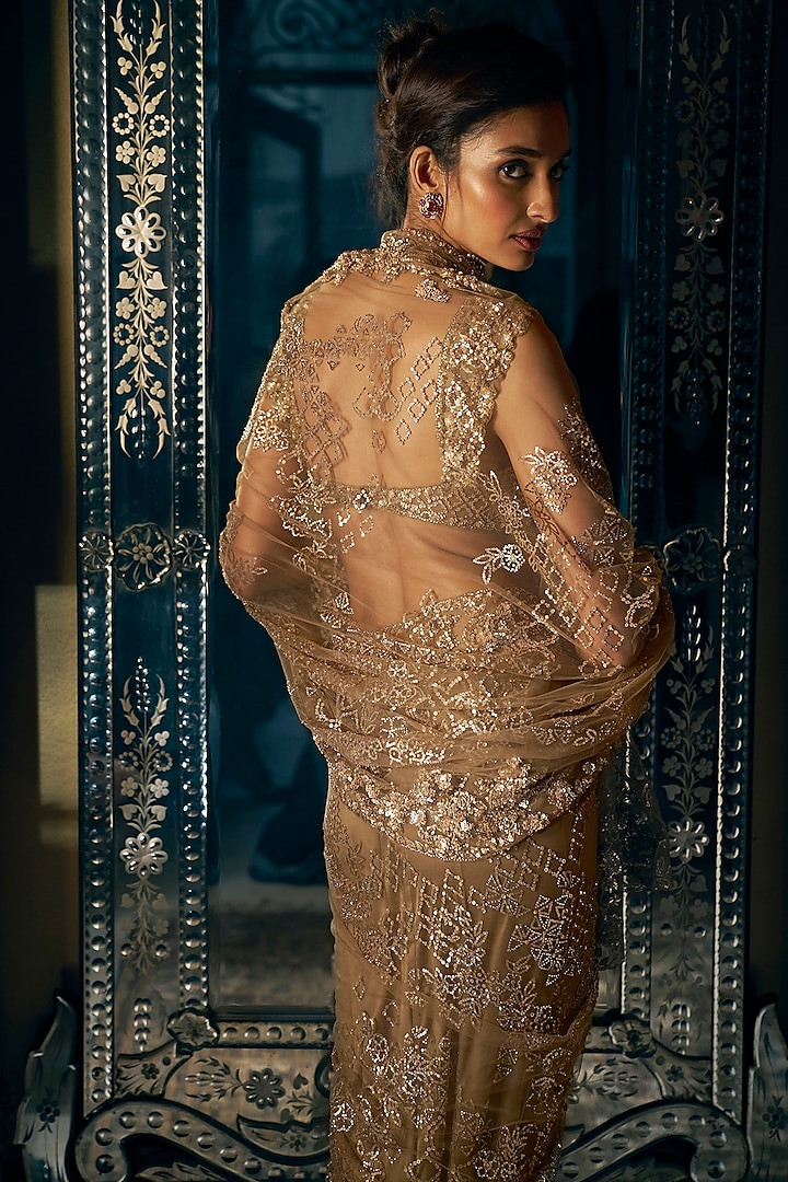 Antique Gold Net Sequins & Bead Embroidered Reception Saree Set by Seema Gujral at Pernia's Pop Up Shop