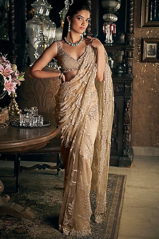 Gold Net Sequins & Crystal Embroidered Saree Set by Seema Gujral