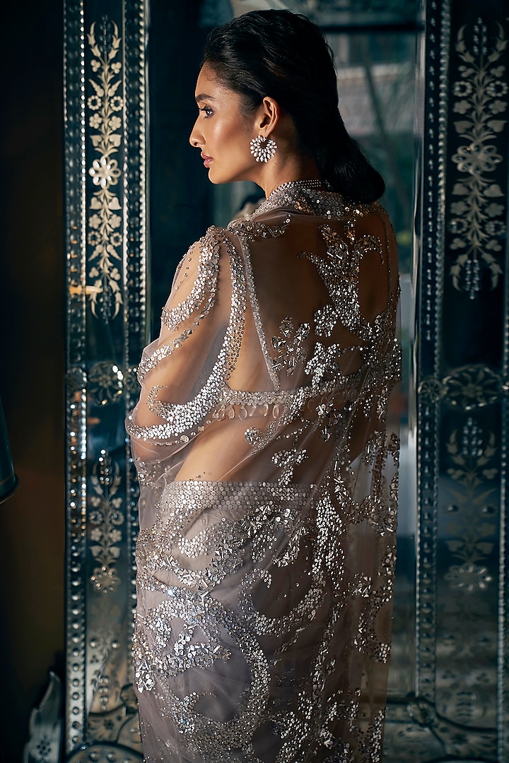 Steel Grey Net Sequins & Crystal Embroidered Reception Saree Set by Seema Gujral at Pernia's Pop Up Shop