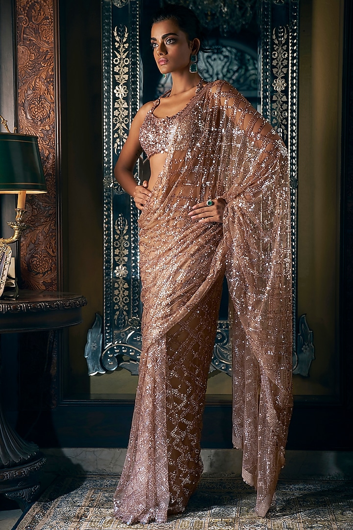 Coffee Brown Net Sequins & Crystal Embroidered Saree Set by Seema Gujral