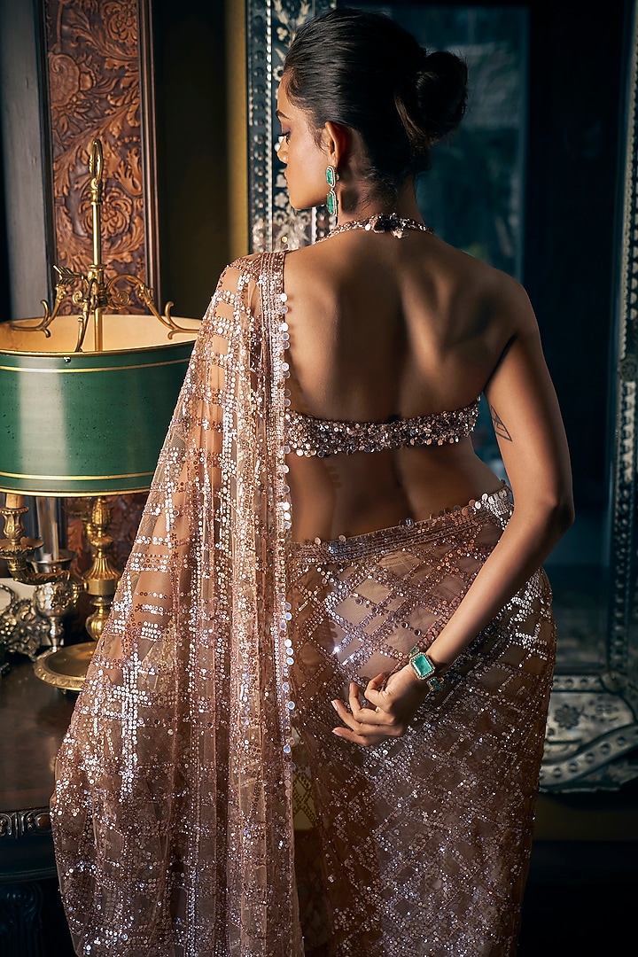Coffee Brown Net Sequins & Crystal Embroidered Reception Saree Set by Seema Gujral at Pernia's Pop Up Shop