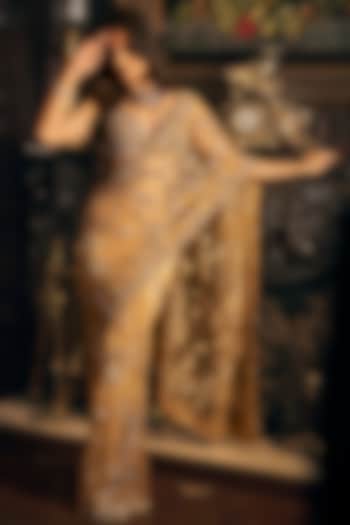 Gold Net Sequins & Crystal Embroidered Reception Saree Set by Seema Gujral at Pernia's Pop Up Shop