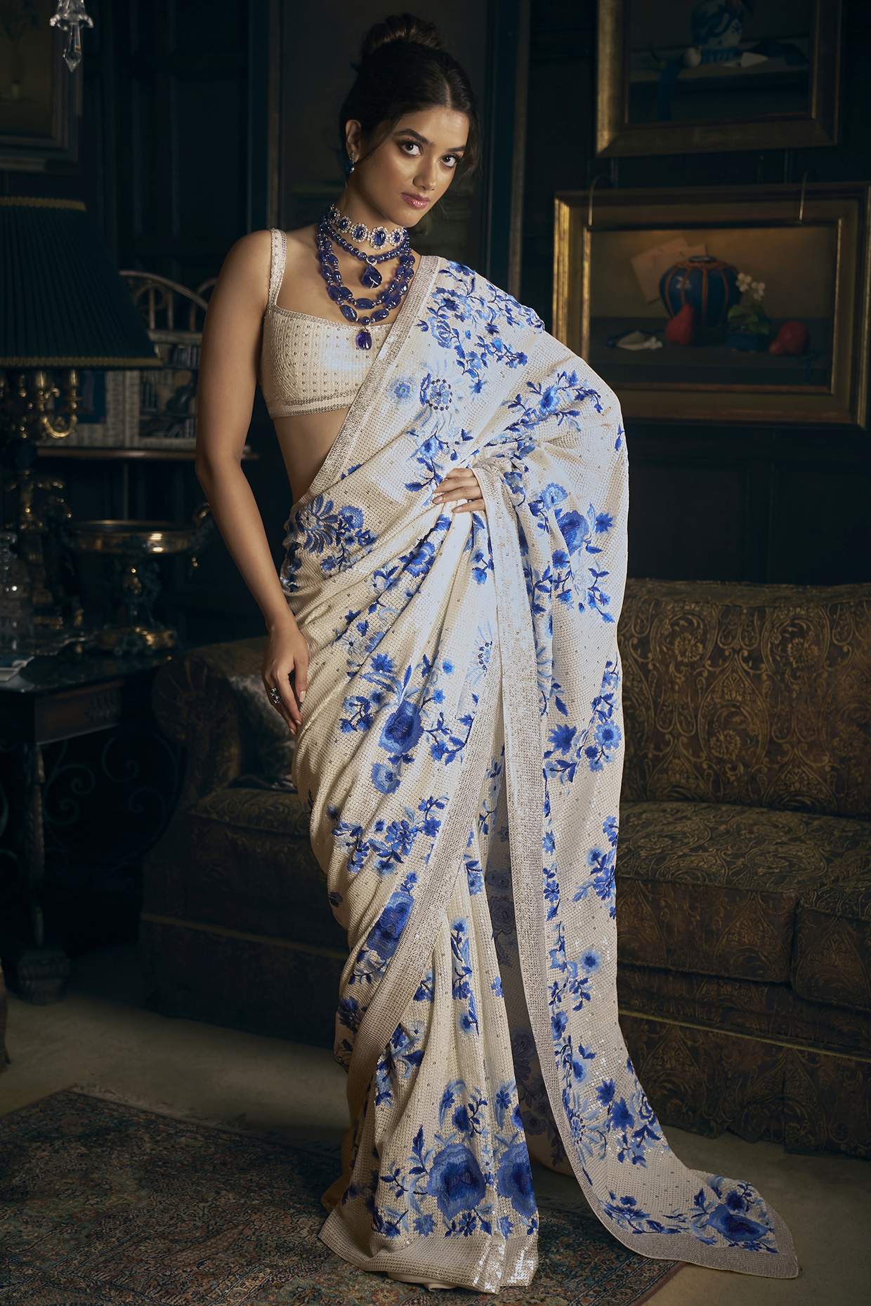 Ivory & Blue Georgette Thread Embroidered Sequins Reception Saree Set by Seema Gujral at Pernia's Pop Up Shop