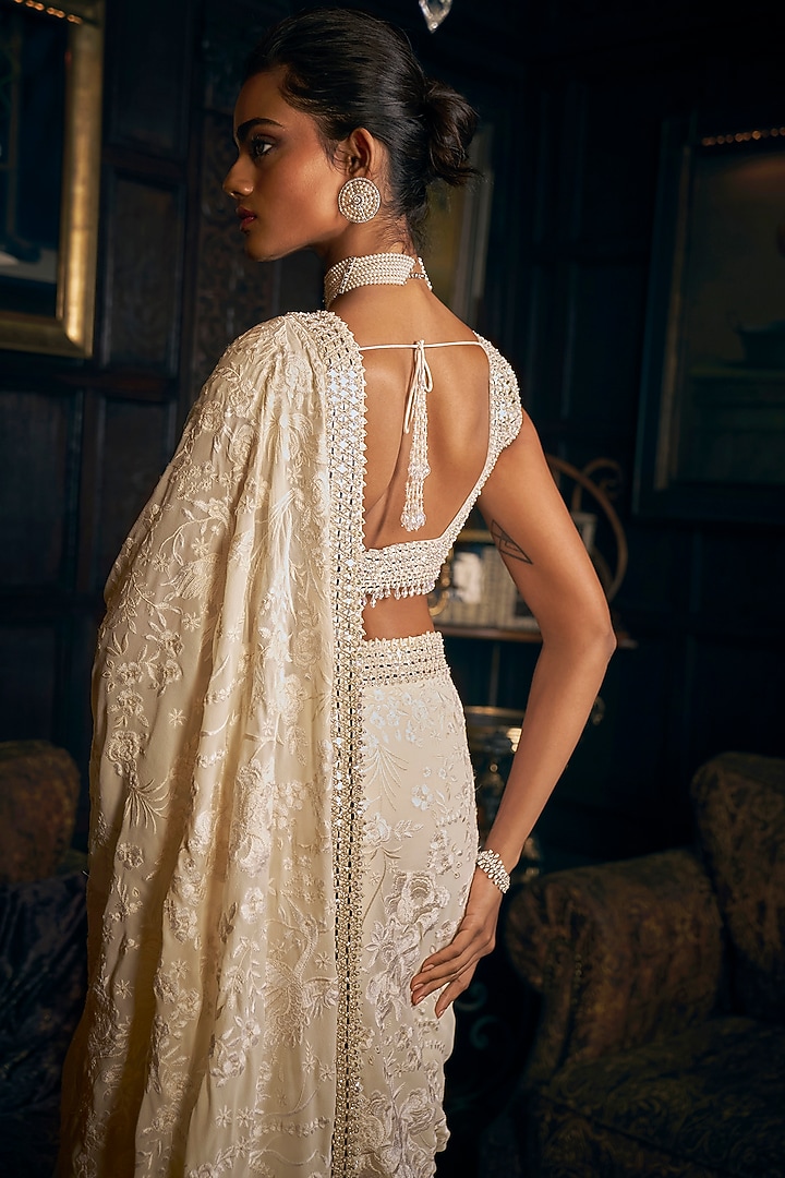 Ivory Georgette Resham Embroidered Reception Saree Set by Seema Gujral at Pernia's Pop Up Shop