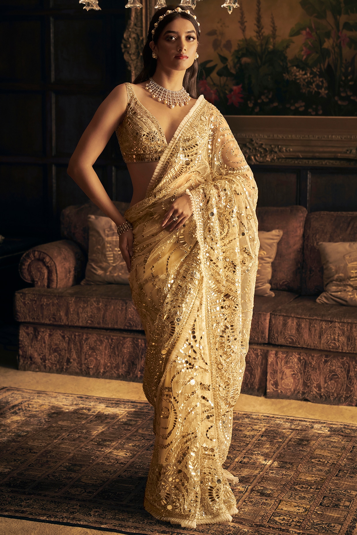 Cream Art Silk Saree Sari fabric India Golden Border - Walmart.com