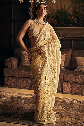 Cream Gold Net Mirror Embroidered Saree Set by Seema Gujral