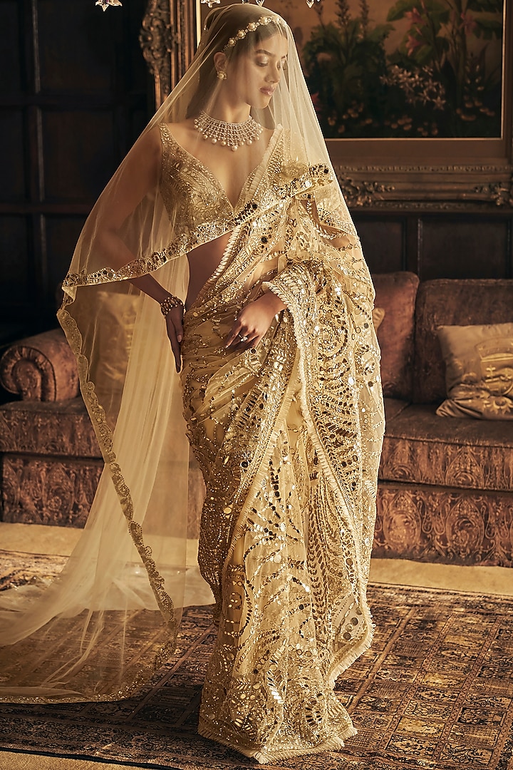 Gold Shimmer Net Saree with Geometric Trellis Mirror & Floral Sequin Handwork Border