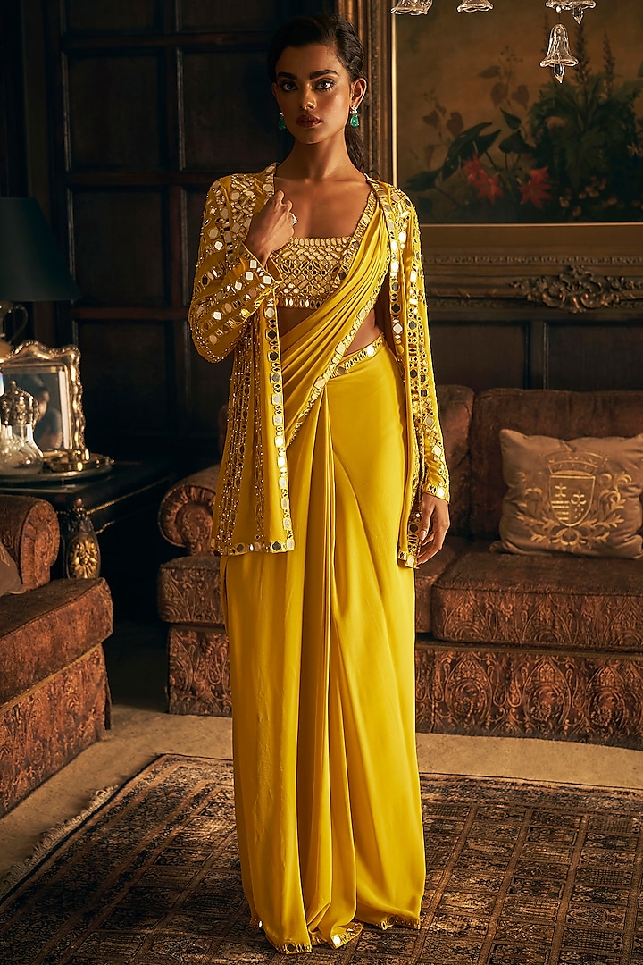 Yellow Georgette Mirror Embroidered Pre-Draped Jacket Saree Set by Seema Gujral