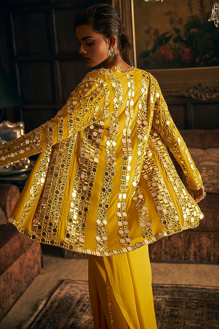 Yellow Georgette Mirror Embroidered Pre-Draped Jacket Reception Saree Set by Seema Gujral at Pernia's Pop Up Shop