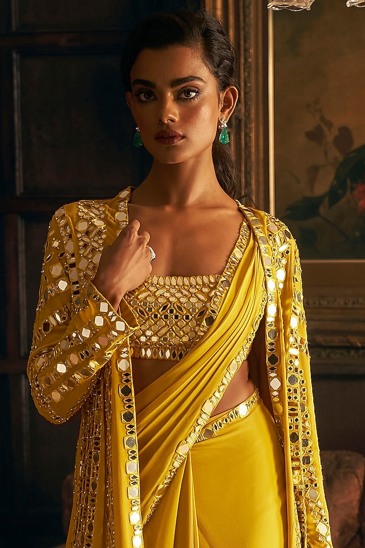 Yellow Georgette Mirror Embroidered Pre-Draped Jacket Reception Saree Set by Seema Gujral at Pernia's Pop Up Shop