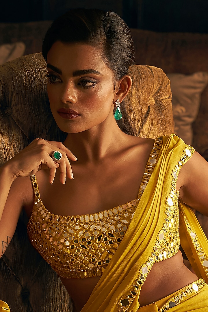 Yellow Georgette Mirror Embroidered Pre-Draped Jacket Saree Set by