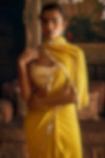 Yellow Georgette Mirror Embroidered Pre-Draped Saree Set by Seema Gujral