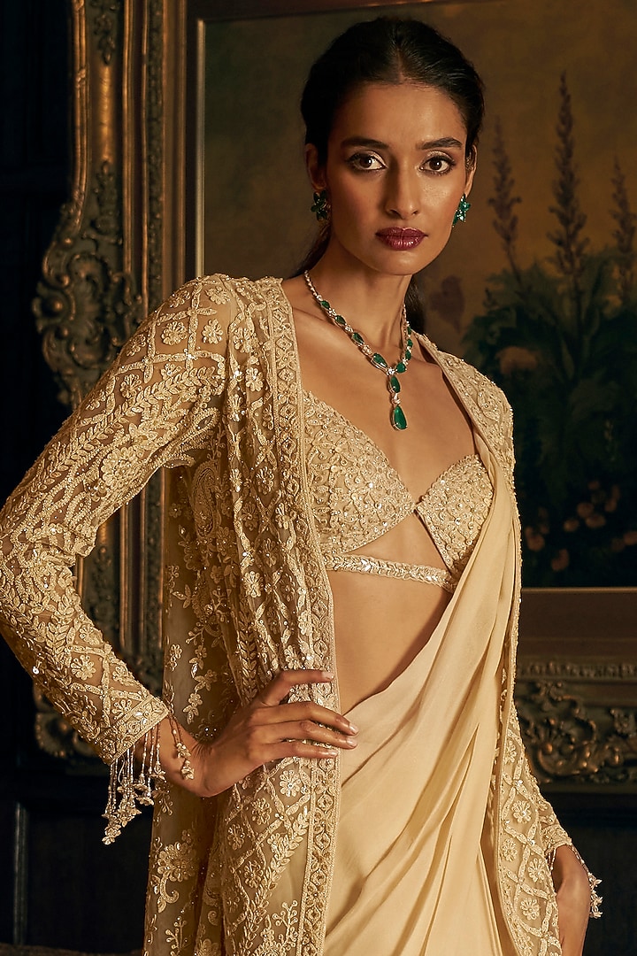 Nude Georgette & Net Dori Embroidered Pre-Draped Jacket Bridal Saree Set by Seema Gujral at Pernia's Pop Up Shop