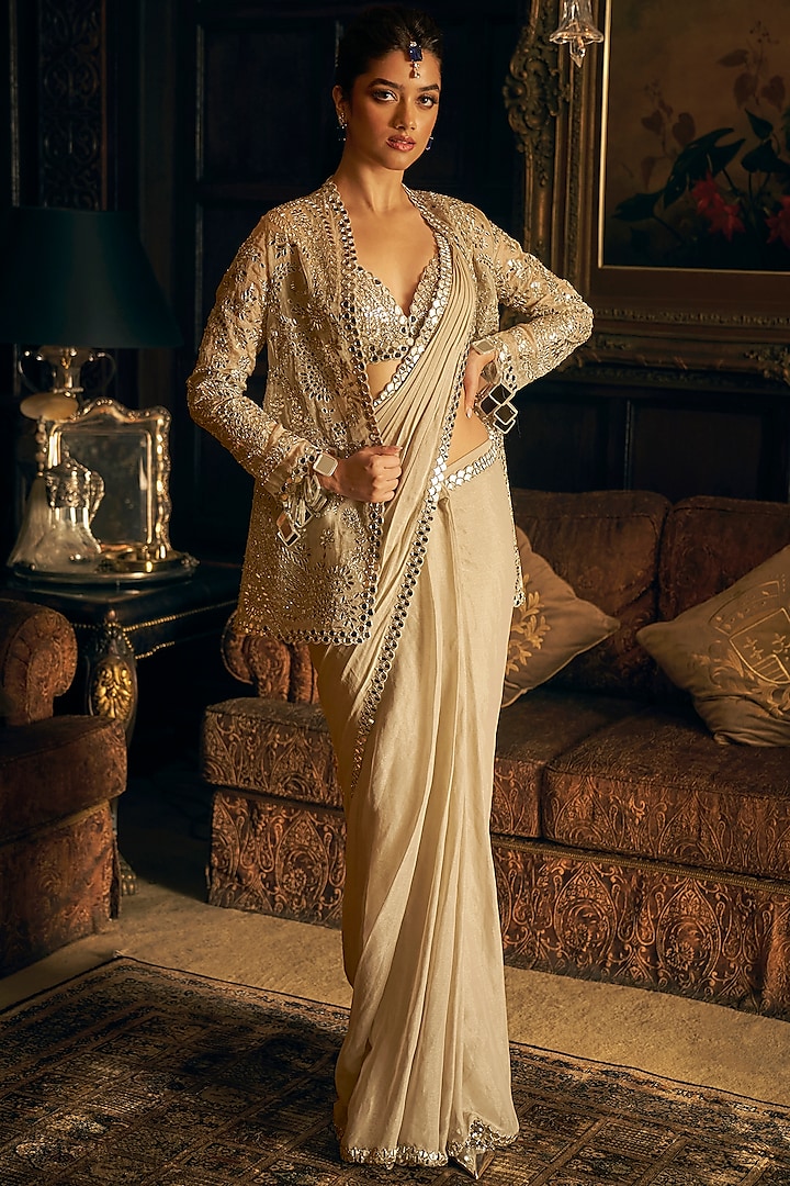 Silver Tissue Georgette & Tissue Organza Mirror Embroidered Pre-Draped Jacket Saree Set by Seema Gujral