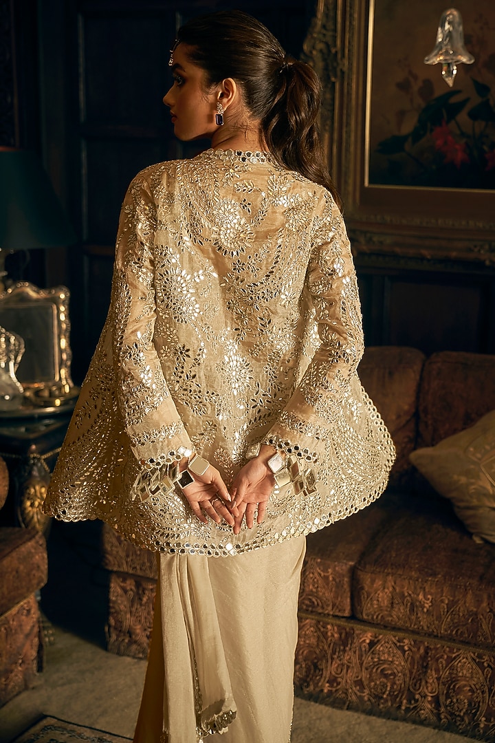 Silver Tissue Georgette & Tissue Organza Mirror Embroidered Pre-Draped Jacket Reception Saree Set by Seema Gujral at Pernia's Pop Up Shop