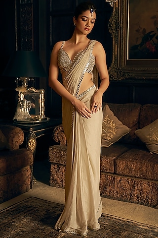 Buy Silver Net Embellished Plunge V Neck Pre-draped Saree With