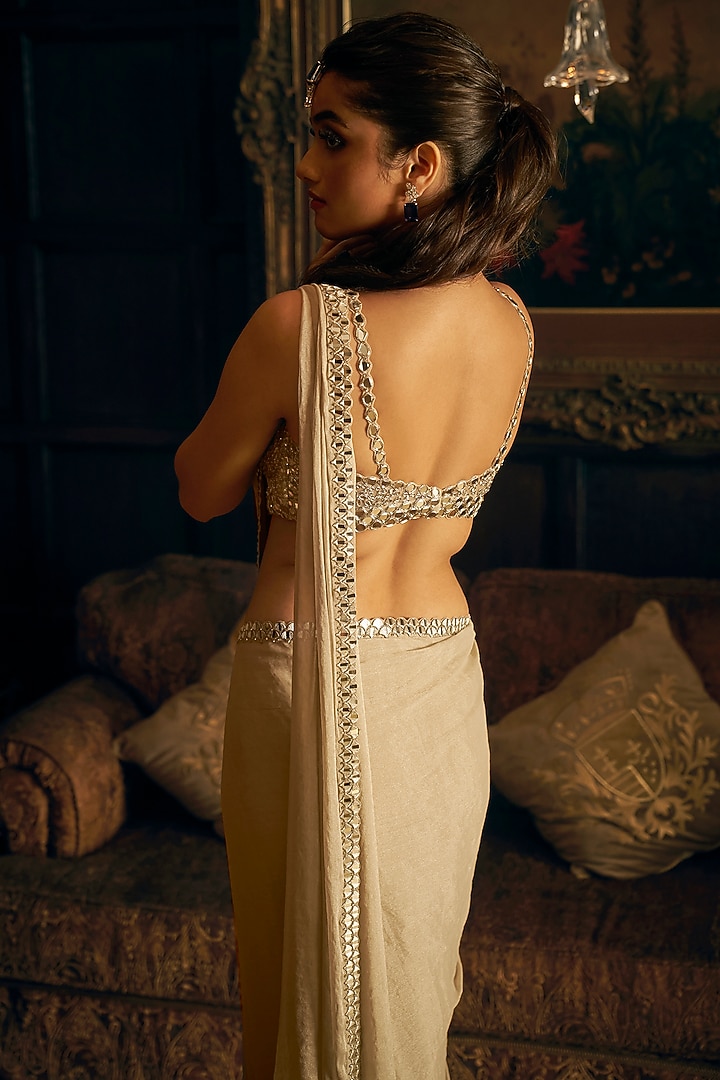 Silver Tissue Georgette Mirror Embroidered Pre-Draped Reception Saree Set by Seema Gujral at Pernia's Pop Up Shop