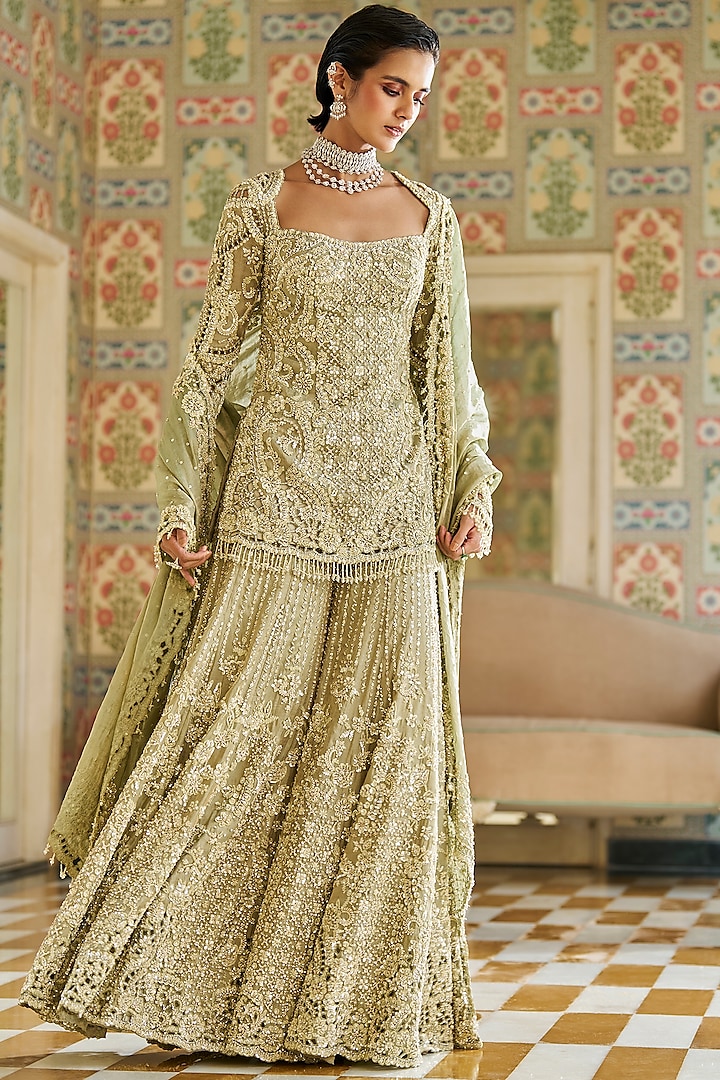 Sage Green Tissue Silk Cutwork Embroidered Sharara Set by Seema Gujral at Pernia's Pop Up Shop