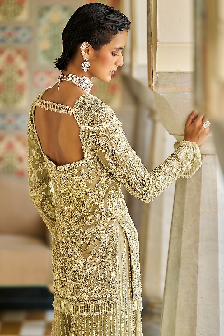 Sage Green Tissue Silk Cutwork Embroidered Bridal Sharara Set by Seema Gujral at Pernia's Pop Up Shop
