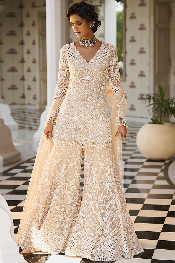 Nude Net Pearl Embroidered Sharara Set by Seema Gujral at Pernia's Pop Up Shop