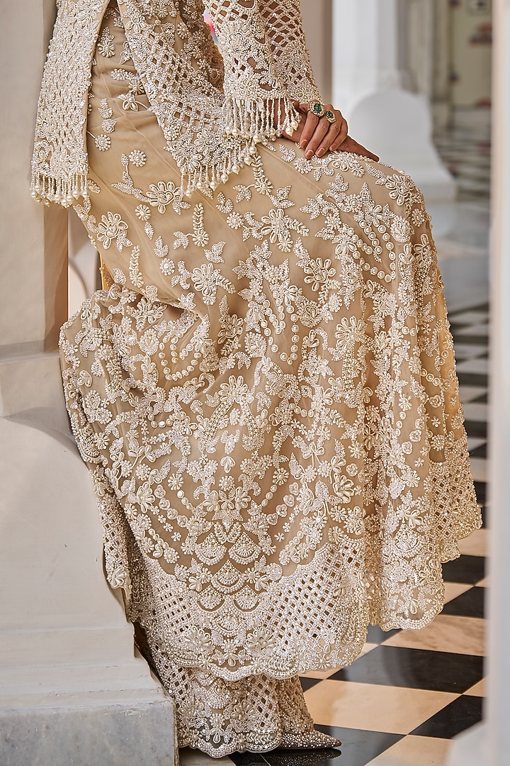 Nude Net Pearl Embroidered Bridal Sharara Set by Seema Gujral at Pernia's Pop Up Shop