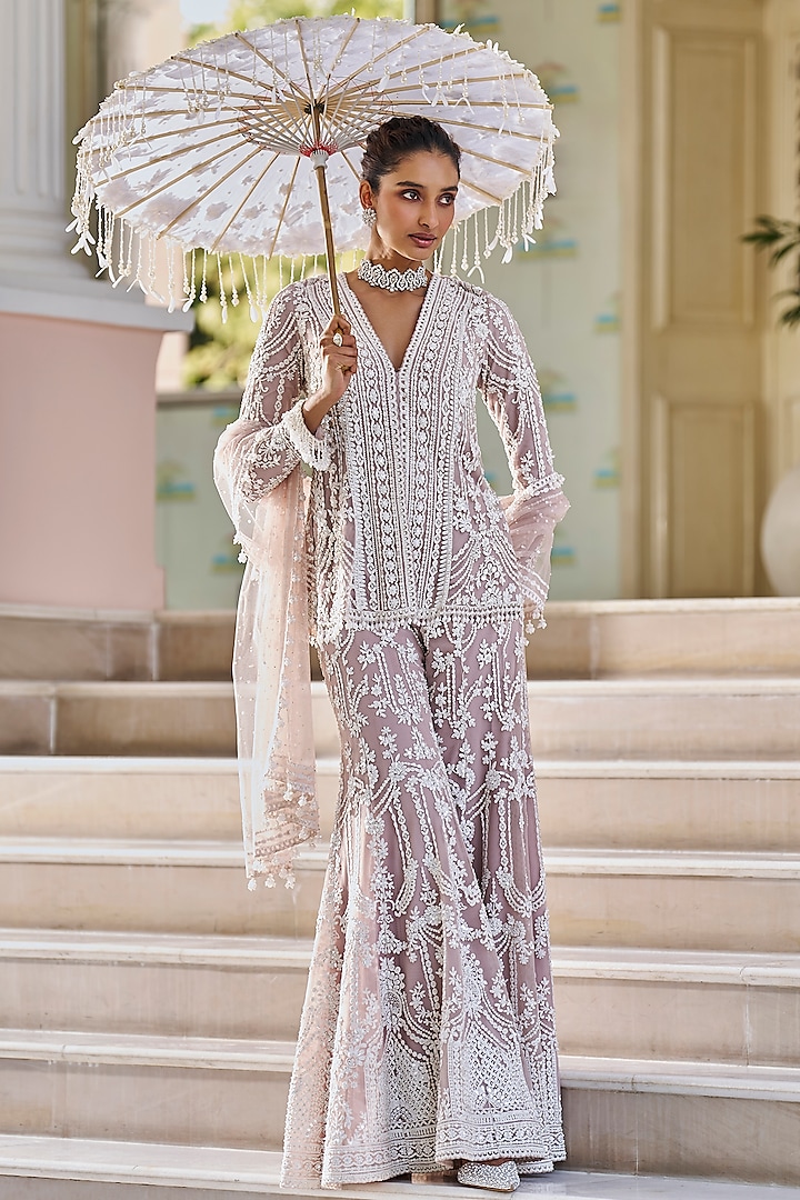 Mauve Net Thread Embroidered Sharara Set by Seema Gujral at Pernia's Pop Up Shop