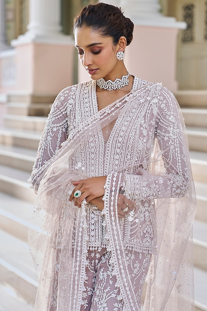 Mauve Net Thread Embroidered Bridal Sharara Set by Seema Gujral at Pernia's Pop Up Shop